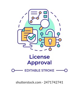 Icono de concepto de varios colores de Aprobación de Licencia. Validación de software, certificación. Ilustración de línea de forma redonda. Abstractas idea. Diseño gráfico. Fácil de usar en infografía, presentación