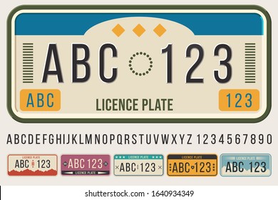 License car plates font. Embossed font letters and numbers, cars registration number frame template vector illustration set. Collection of vehicle ID or automobile identifiers, symbols and digits