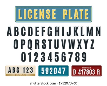 License car plates font. Embossed latin alphabet, aluminum nameplates with squeezed out abstract numbers and letters, tags and frames template set. Auto registration typeface vector isolated elements