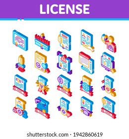 Vector de conjunto de iconos de certificado de licencia. Licencia Médica Y Farmacéutica Isométrica, Actividad Jurídica Internacional E Ilustraciones De Diploma Psicológico