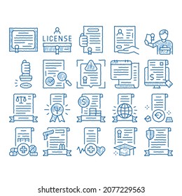 License Certificate sketch icon vector. Hand drawn blue doodle line art Pharmaceutical And Medical License, International Legal Activity And Psychological Diploma Illustrations