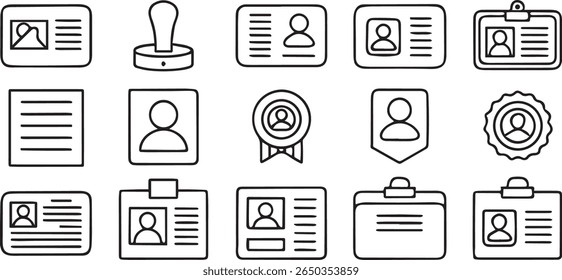 Ícones de licença e certificação, aprovação de documento, ID, permissão, ícone de traço preto editável pacote
