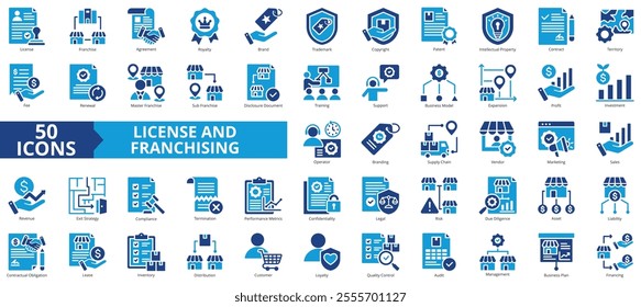 License and franchising icon collection set. Containing asset, agreement, royalty, trademark, copyright, patent, intellectual property icon. Simple flat vector.