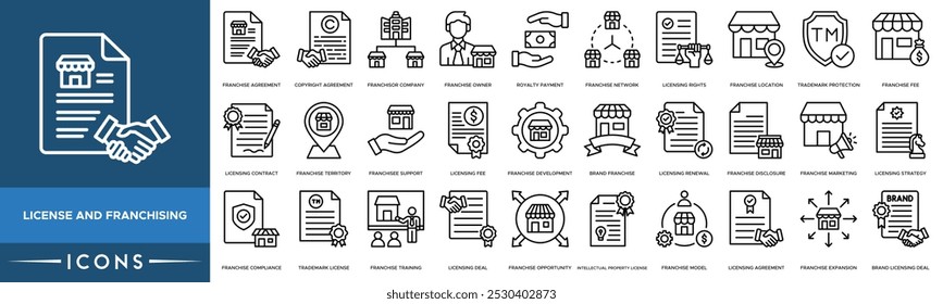 License and franchising icon. Franchise Agreement, Copyright Agreement, Franchisor Company, Franchise Owner and Royalty Payment