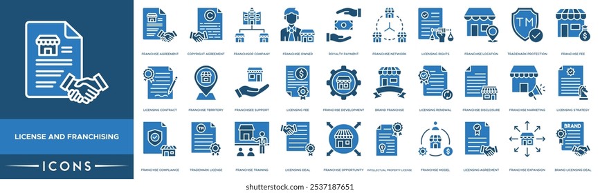 License and franchising icon. Franchise Agreement, Copyright Agreement, Franchisor Company, Franchise Owner and Royalty Payment