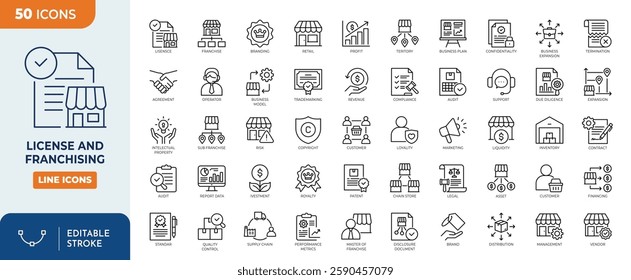 License and franchising line editable icon set. Containing franchise, trademark, copyright, patent, intellectual property, asset, agreement, royalty, and more icons. Vector illustration