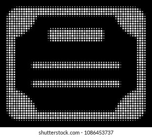 License halftone vector pictogram. Illustration style is dotted iconic license icon symbol on a black background. Halftone grid is circle points.