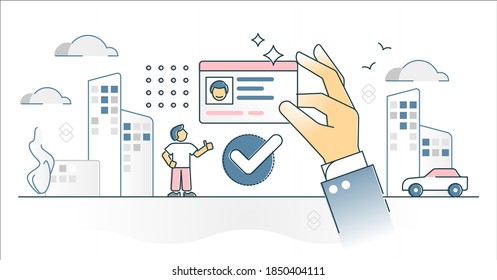 License ID card as valid identity identification document outline concept. Driver licence or travel permission as plastic card with person photo for security pass vector illustration. Approved profile