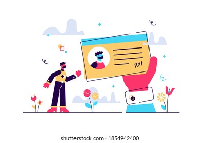 License as legal document for identification certificate flat tiny persons concept. Driving licence plastic card example vector illustration. ID identity paper as official citizenship information.