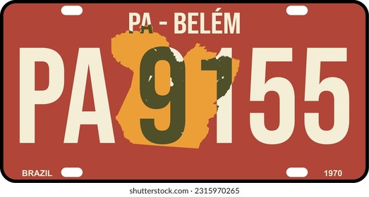 License plate from 1970 from the state of Pará in Brazil, 1970 yellow, capital Belém. State map in the background in orange color. Fountain Bebas Neue