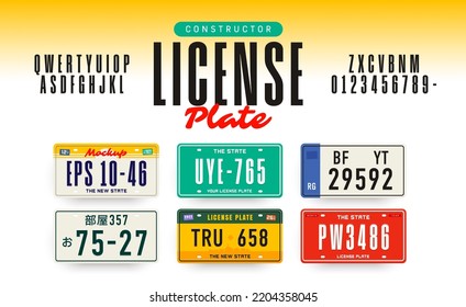 License plate constructor. License car plates. Embossed latin alphabet, aluminum nameplates with squeezed out abstract numbers and letters, tags and frames template. Translation "Japan number car". 