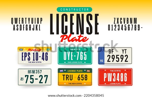 License plate constructor. License car plates. Embossed\
latin alphabet, aluminum nameplates with squeezed out abstract\
numbers and letters, tags and frames template. Translation \