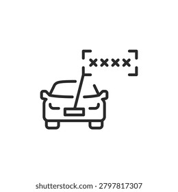 License plate recognition, linear icon. Automatic vehicle number plate detection. Line with editable stroke.