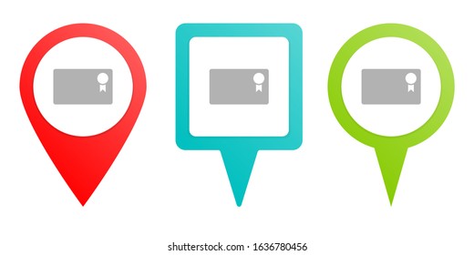 license, seal. Multicolor pin vector icon, diferent type map and navigation point.