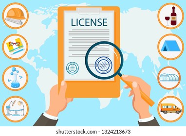 License Vector Flat Law Firm Certified Documents Contract Approved Seal. Businessman with Magnifying Glass Checks Different Types Services Construction Business Study Chemistry Medicine.