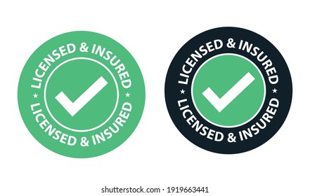 licensed and insured vector icon set with tick mark isolated on white background