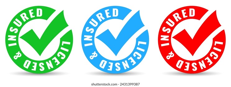 Licensed and Insured vector icons isolated on white background. Commercial symbols for safe and fair business guarantee, risk and hassle free workflow