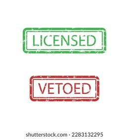 Licensed and vetoed seal rubber stamp isolated. Vector illustration. Online legal stock business stamp, clients promotion, web photo market verification, color ink grunge rubber, content platform