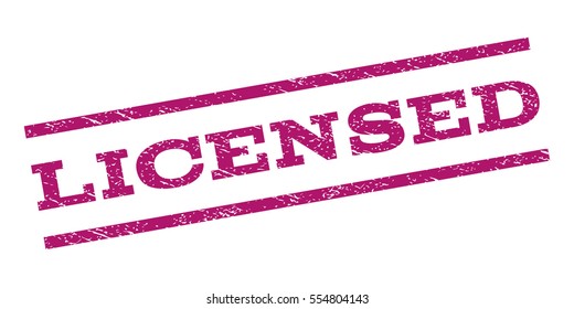 Licensed watermark stamp. Text tag between parallel lines with grunge design style. Rubber seal stamp with dust texture. Vector purple color ink imprint on a white background.