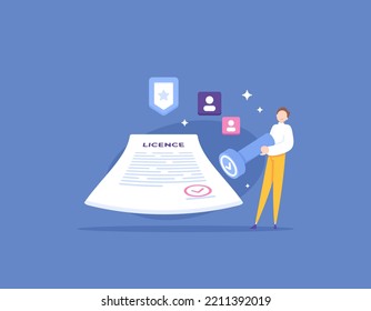 concesión de licencias o permisos. derechos de propiedad intelectual. un empresario da un sello para certificar o legalizar un documento de licencia. diseño de concepto de ilustración. elementos gráficos