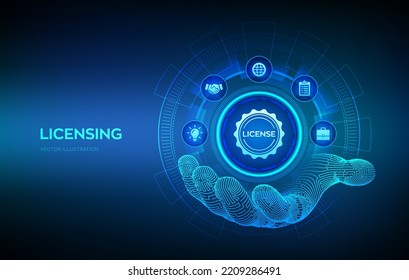 Icono de licencia en mano robótica. Contrato de licencia. Derechos de propiedad de la licencia de protección de derechos de autor. Concepto de tecnología empresarial. Ilustración vectorial.