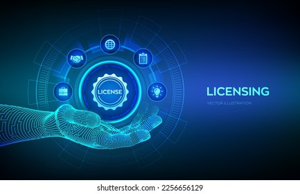 Icono de licencia en mano robótica. Contrato de licencia. Derechos de propiedad de la licencia de protección de derechos de autor. Concepto de tecnología empresarial. Ilustración vectorial.