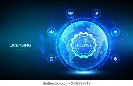 Licensing. License agreement concept. Copyright protection law license property rights. World map point line composition. Earth planet globe. Vector illustration.