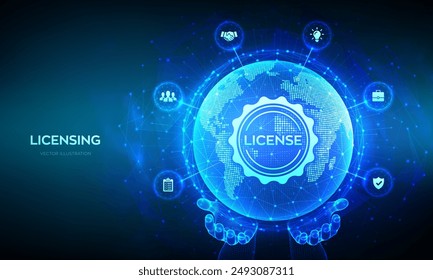 Licensing. License agreement concept. Copyright protection law license property rights. World map point line composition. Earth planet globe in wireframe hand. Vector illustration.