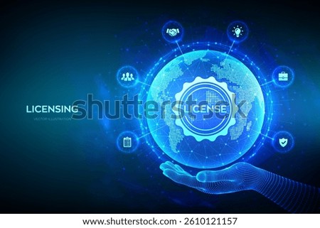 Licensing. License agreement concept. Copyright protection law license property rights. World map point line composition. Earth planet globe in wireframe hand. Vector illustration.