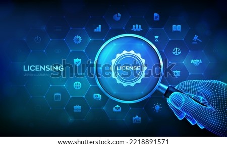 Licensing. License agreement concept. Patents copyright intellectual protection law license property rights. Business technology concept with magnifier in wireframe hand and icons. Vector illustration