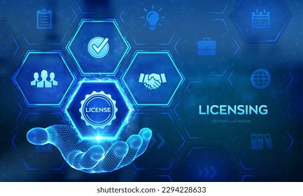 Licensing. License agreement concept in wireframe hand. Copyright protection law license property rights. Business technology concept on virtual screen. Vector illustration.