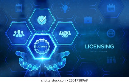 Licencias. Concepto de contrato de licencia en manos de wireframe. Derechos de propiedad de la licencia de protección de derechos de autor. Concepto de tecnología empresarial en pantalla virtual. Ilustración vectorial.