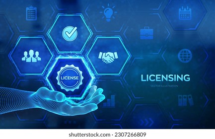 Licencias. Concepto de contrato de licencia en manos de wireframe. Derechos de propiedad de la licencia de protección de derechos de autor. Concepto de tecnología empresarial en pantalla virtual. Ilustración vectorial.