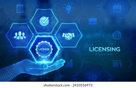 Licencias. Concepto de contrato de licencia en manos de wireframe. Derechos de propiedad de la licencia de protección de derechos de autor. Concepto de tecnología empresarial en pantalla virtual. Ilustración vectorial.