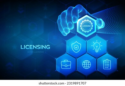 Licencias. Contrato de licencia. Derechos de propiedad de la licencia de protección de derechos de autor. Concepto de tecnología empresarial. La mano de Wireframe coloca un elemento en una composición que visualiza Licencias. Vector.