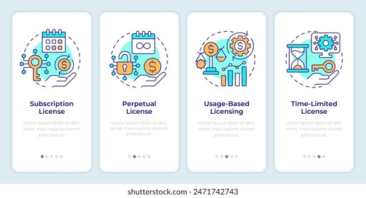 Licensing models onboarding mobile app screen. Walkthrough 4 steps editable graphic instructions with linear concepts. UI, UX, GUI template