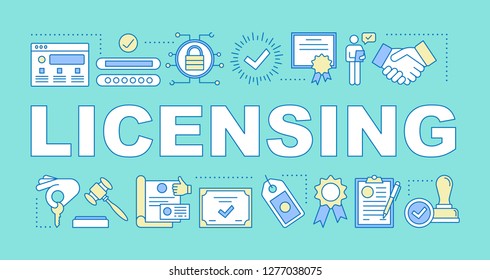 Licensing word concepts banner. Verification and validation. Confirmation. Certificates, awards, guarantee. Isolated lettering typography idea with linear icons. Vector outline illustration