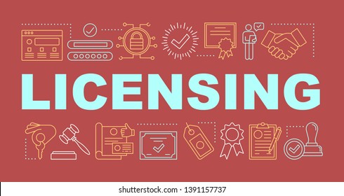 Licensing word concepts banner. Verification and validation. Confirmation. Isolated lettering typography idea with linear icons. Certificates, awards, guarantee. Vector outline illustration