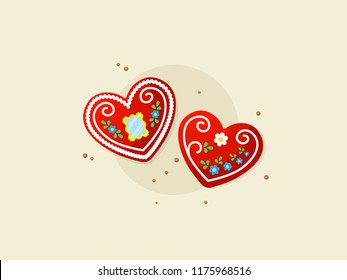 Licitar heart, traditional souvenir in Croatia. Decorated biscuits heart - licitar. Vector flat illustration.