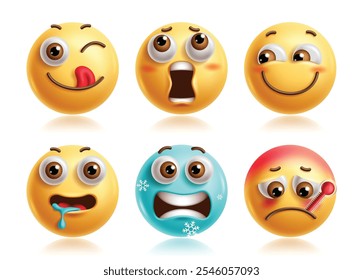 Lick emoji caracteres vetor conjunto. Emojis 3d ícone clip art personagem em embaraçado, tímido, rubor, babando, congelamento, doente e febre expressão facial elementos gráficos amarelos. Lamber ilustração vetorial 