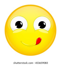 Lick Lips Emoji. Good Emotion. Yummy Emoticon. Vector Illustration Smile Icon.