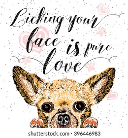 Licking your face is pure love, hand drawn card, lettering calligraphy motivational quote for dog lovers and typographic design. Cute, friendly, smiling, inspirational doggie with hearts and sparkle. 