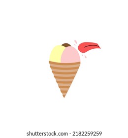 licks an ice cream with different flavors, ice cream with pink, brown and yellow colors isolated on white background 
