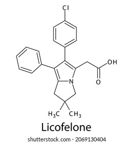 Licofelone molecular structure, flat skeletal chemical formula. NSAID drug used to treat rheumatoid arthritis, osteoarthritis. Vector Illustration.