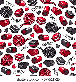Licorice candies seamless background vector illustration. Roll, stick and layer candy pattern. Hand drawn doodle sketch.