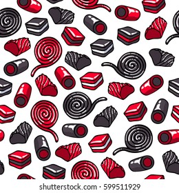 Licorice candies seamless background vector illustration. Roll, stick and layer candy pattern. Hand drawn doodle sketch.