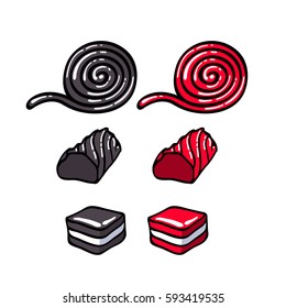 Licorice candies set vector illustration. Roll, stick and layer candy. Hand drawn doodle sketch.