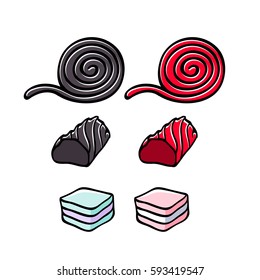 Licorice and marshmallow candies set vector illustration. Roll, stick and layer candy. Hand drawn doodle sketch.