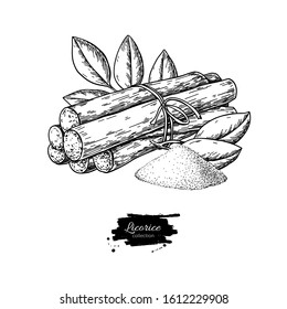 Licorice Root Bunch With Leaves. Vector Drawing. Botanical Illustration. Herbal Engraved Style Sketch. Pile Of Ground Powder. Cosmetic And Medical Plant