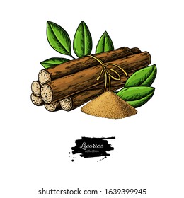 Licorice Root Bunch With Leaves. Vector Drawing. Botanical Illustration. Herbal Sketch. Pile Of Ground Powder. Cosmetic And Medical Plant